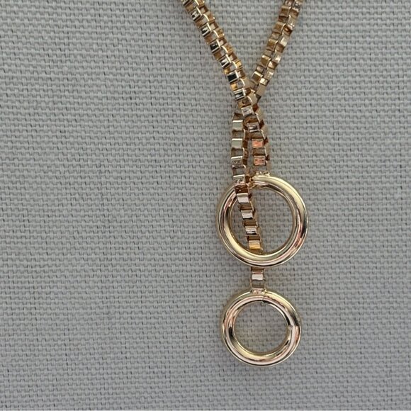 Gold-Tone Box Chain Necklace With Double Circle Pendant - Picture 3 of 6